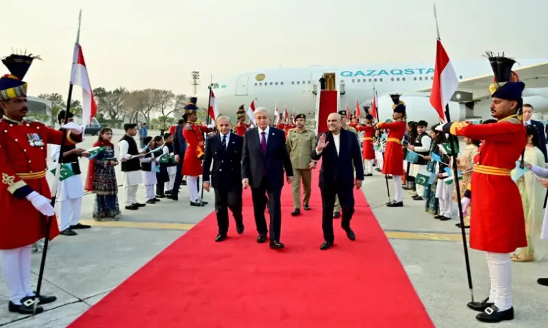 President Asif Ali Zardari and Prime Minister Shehbaz Sharif receive President of Kazakhstan Kassym-Jomart Tokayev at Nur Khan Airbase. APP