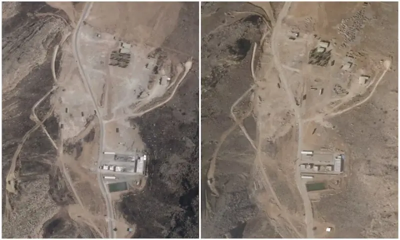 A combination picture of satellite images shows Shiraz South Missile Base in Shiraz South, Iran, before reconstruction, July 3, 2025 (left), and after reconstruction and clearance efforts, January 30, 2026 (right). &ndash; Reuters