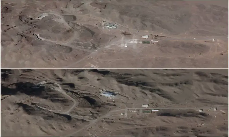 A combination picture of satellite images shows a Qom missile base building with the roof damaged by an air strike, in Qom, Iran, July 16, 2025 (top), and the same site with a new roof on February 1, 2026. &ndash; Reuters