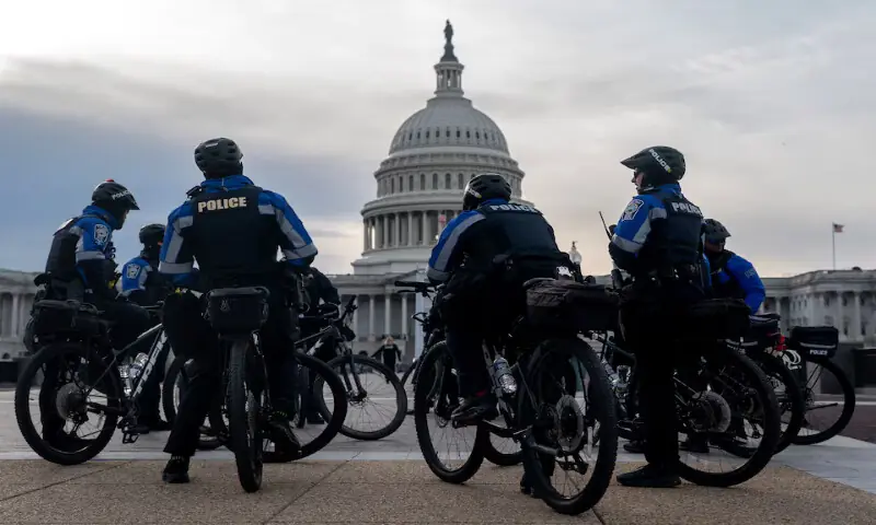 Members of the Capitol Police patrol near the US Capitol ahead of the State of the Union address in Washington, DC. &ndash; Reuters