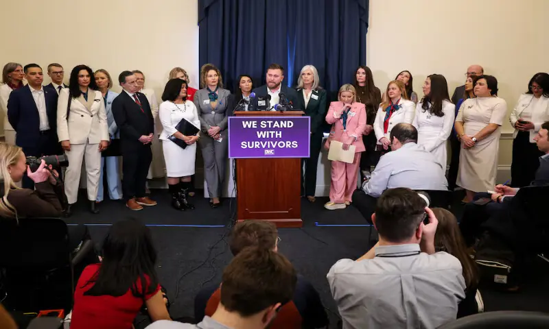 Sky Roberts, the brother of Jeffrey Epstein accuser Virginia Giuffre, speaks during a press conference with survivors of Epstein, held by the Democratic Women&rsquo;s Caucus and House Democratic Caucus, ahead of President Donald Trump&rsquo;s State of the Union address on Capitol Hill in Washington, DC. &ndash; Reuters