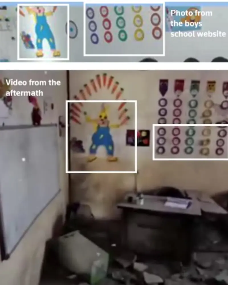  A photo from the boys&rsquo; school website and a video from the aftermath of the strike show similar posters on the classroom wall. Boys school website/Telegram 