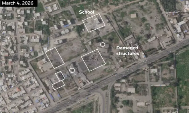  A satellite image, annotated by Reuters, shows the Shajareh Tayyebeh girls&rsquo; school in Minab and other structures damaged after being struck on the war&rsquo;s first day. 2026 Planet Labs PBC/Handout via Reuters 