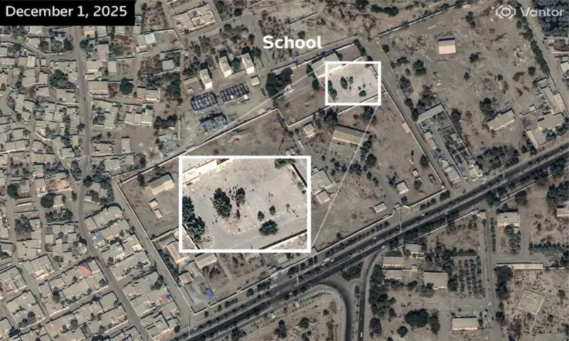 A satellite image, annotated by Reuters, shows the Shajareh Tayyebeh girls&rsquo; school December 1, 2025, nearly three months before it was struck. Reuters