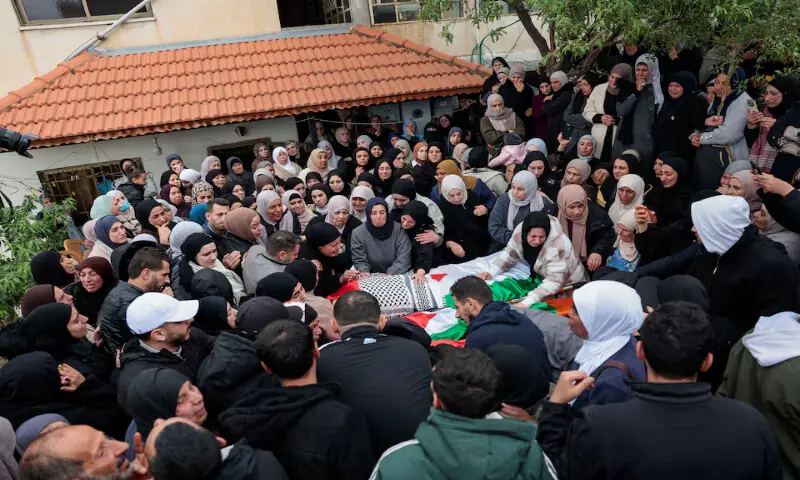 Mourners react as they carry the bodies of a Palestinian family  who were killed in an Israeli raid, during their funeral in Tammoun town near Tubas in the Israeli-occupied West Bank on Sunday. &ndash; Reuters