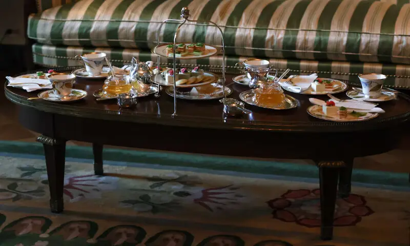 A table with cups and pastries, on the day US President Donald Trump and first lady Melania Trump host Britain&rsquo;s King Charles and Queen Camilla for afternoon tea at the White House in Washington. &ndash; Reuters