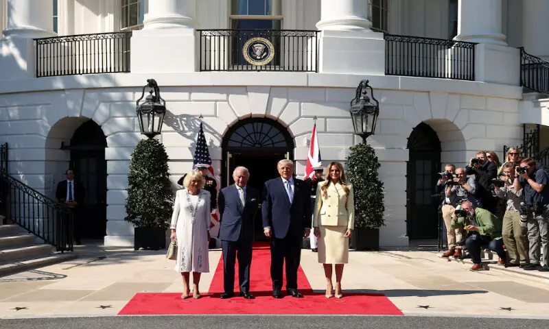 Britain&rsquo;s King Charles and Queen Camilla walk with US Protocol Chief Monica Crowley as they arrive at Joint Base Andrews, Maryland. &ndash; Reuters