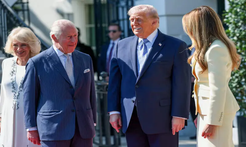 US President Donald Trump and first lady Melania Trump welcome Britain&rsquo;s King Charles and Queen Camilla on the South Lawn of the White House in Washington. &ndash; Reuters