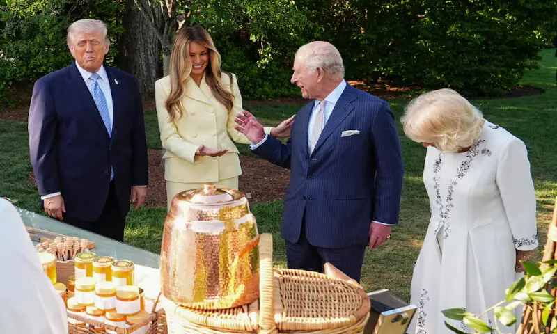 Britain&rsquo;s King Charles and Queen Camilla join US President Donald Trump and US First Lady Melania for a tour of the White House beehives in the grounds of the White House in Washington DC. &ndash; Reuters