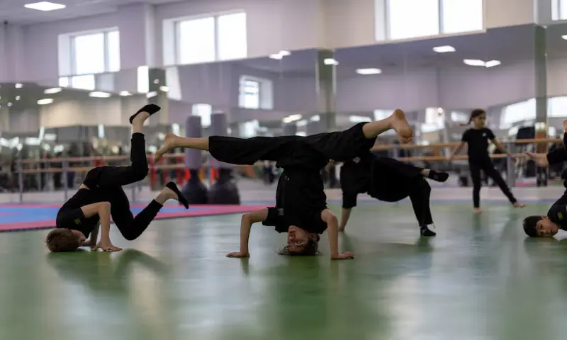 Students practice breakdancing at a sports school in Ashgabat, Turkmenistan. &ndash; Reuters