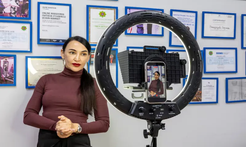 Social media influencer Enejan Velmuradova at her office in Ashgabat, Turkmenistan. &ndash; Reuters