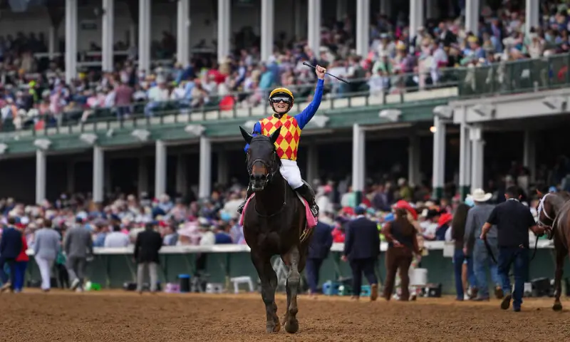 Aboard T O Elvis, jockey Ryusei Sakai celebrates winning The Churchill Downs Grade I stakes during the 152nd running of the Kentucky Derby at Churchill Downs. &ndash; Reuters