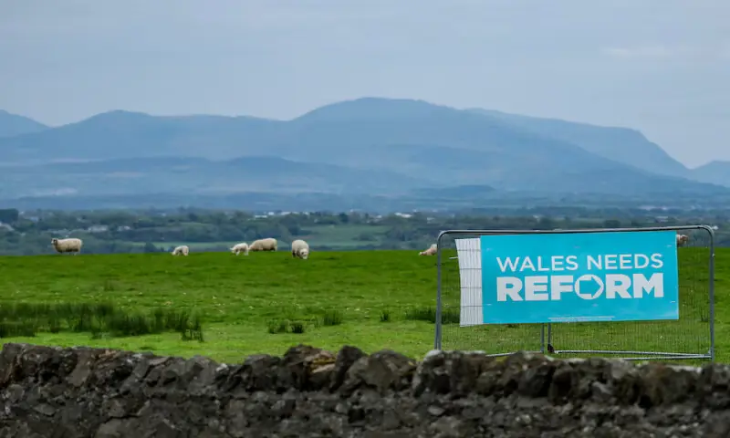 A poster of the Reform party is displayed on a field in Llangristiolus, Wales, Britain, on Thursday. &ndash; Reuters