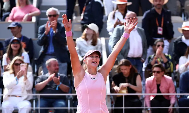 Russia&rsquo;s Mirra Andreeva celebrates after winning her final match against Poland&rsquo;s Maja Chwalinska at the French Open in Paris. &ndash; Reuters