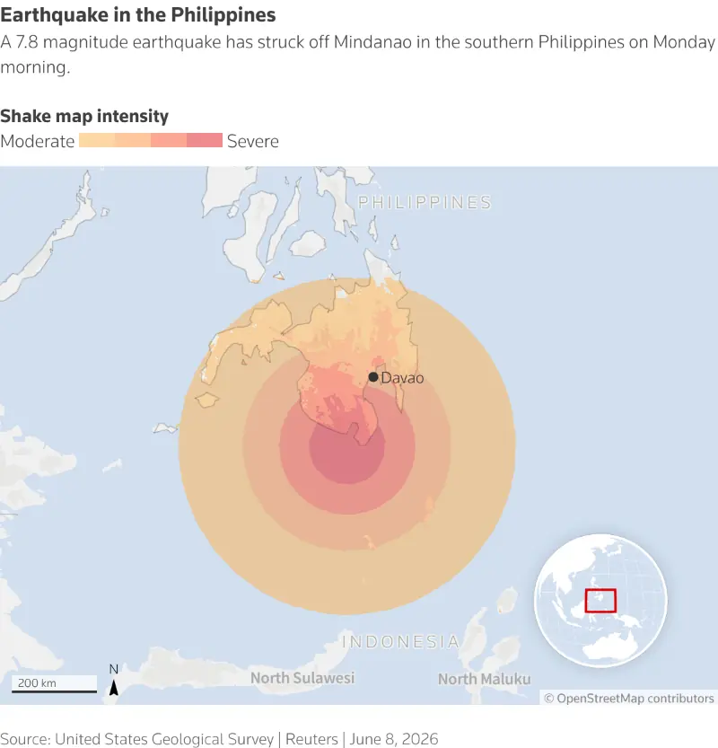  A shakemap showing the severity of the earthquake and the epicentre. 