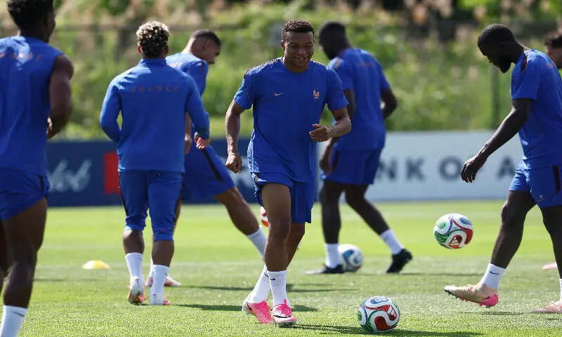 France&rsquo;s forward #10 Kylian Mbappe takes part in a training session at Melanie Lane Training Grounds in East Hannover, New Jersey on June 15, 2026, on the eve of the 2026 World Cup Group I football match between France and Senegal. AFP