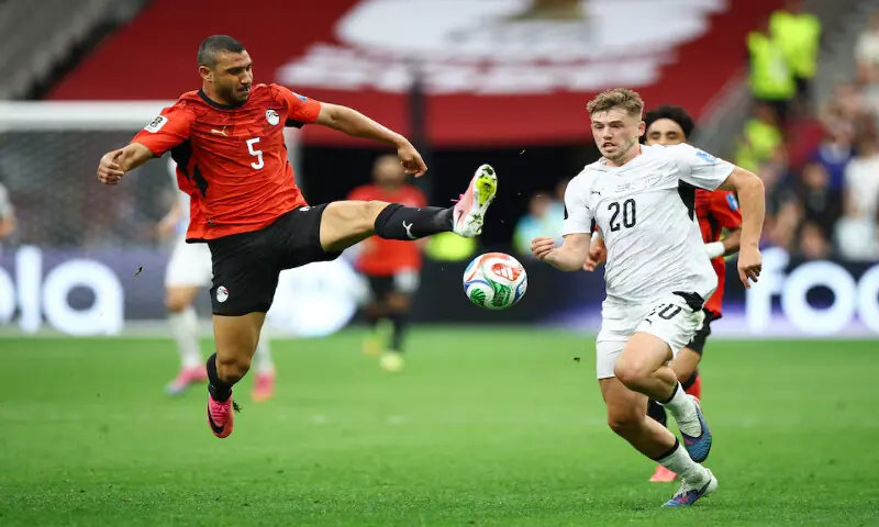 Egypt&rsquo;s Ramy Rabia in action with New Zealand&rsquo;s Callum McCowatt. &ndash; Reuters