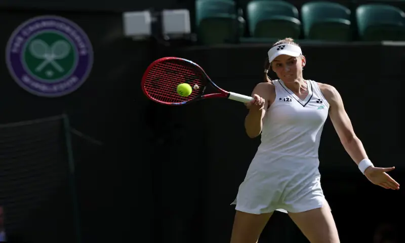 Elena Rybakina (KAZ) hits a forehand against Lois Boisson (FRA) (not pictured) on day two of The Championships Wimbledon 2026 at All England Lawn Tennis and Croquet Club. &ndash; Reuters