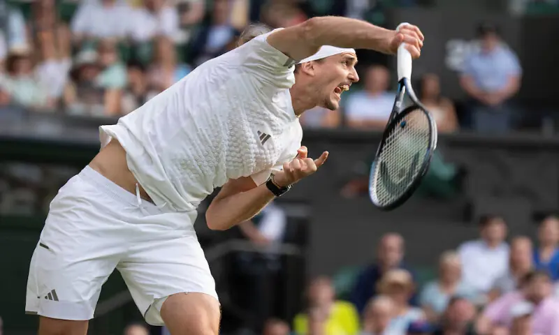 Alexander Zverev of  Germany serves during his match against Alexander Blockx of Belgium on day two at All England Lawn Tennis and Croquet Club. &ndash; Reuters