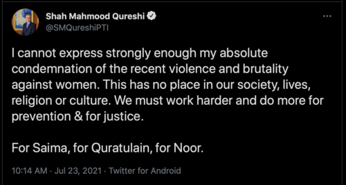 Twitter reacts to Qureshi's tweet condemning crimes against women