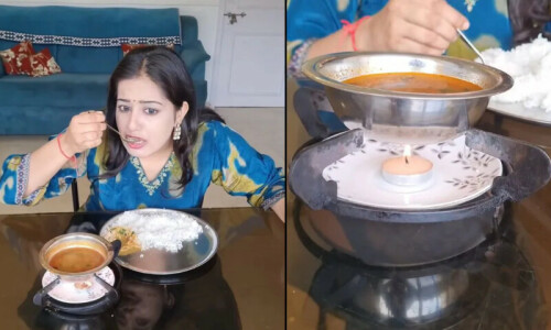 خاتون کا کھاتے ہوئے دال کو گرم رکھنے کا طریقہ وائرل