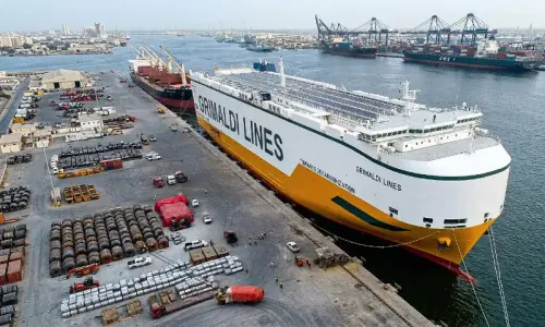 Hybrid energy vessel carrying over 2,000 EVs docks at Karachi Port