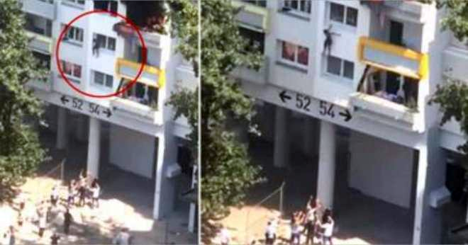 آگ کے بعد دو بچوں کے بلند و بالا عمارت سے کودنے کے خوفناک مناظر