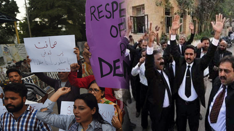 میڈیا ڈویلپمنٹ اتھارٹی بل کیخلاف احتجاج ، صحافیوں کیساتھ وکلاء بھی شامل