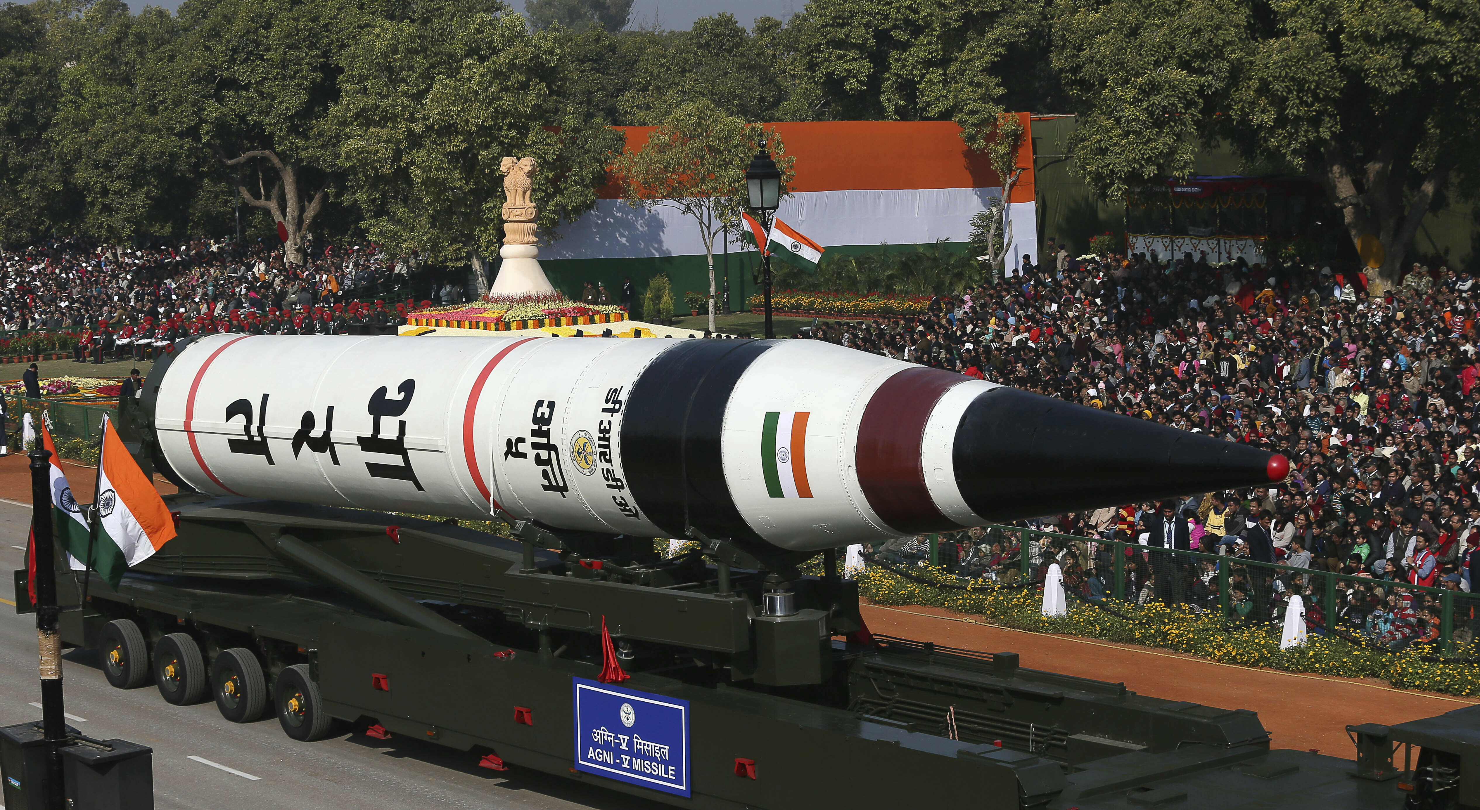 In this January 26, 2013 photo, the long-range ballistic Agni-5 missile is displayed during the Republic Day parade in New Delhi. AP Photo