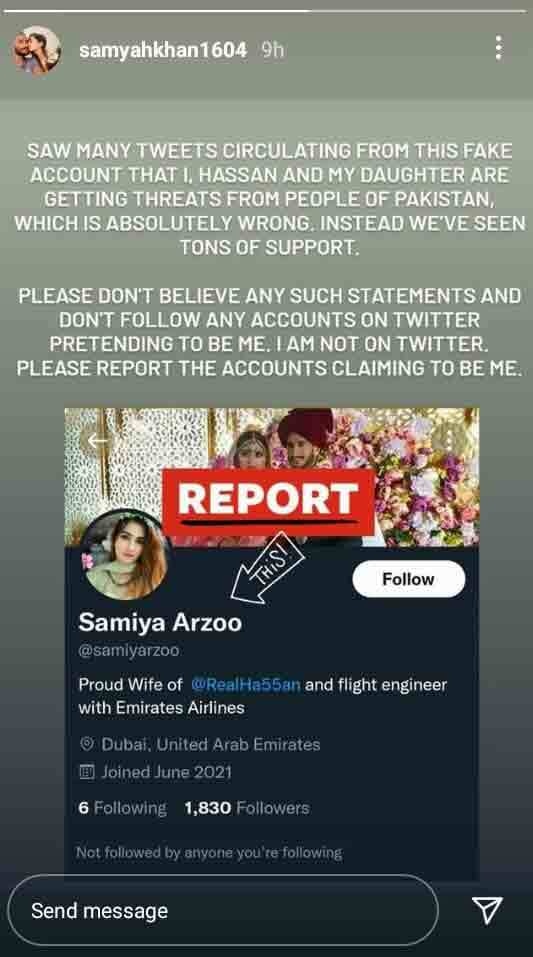 Samiya Arzoo says she does not have a Twitter account. Instagram