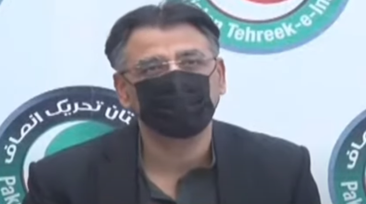 Planning Minister Asad Umar during a press conference in Karachi. Screen grab