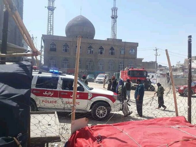 Security forces at the site of the explosion in Mazar-e-Sharif. Photo: @mehdizafar via Twitter.