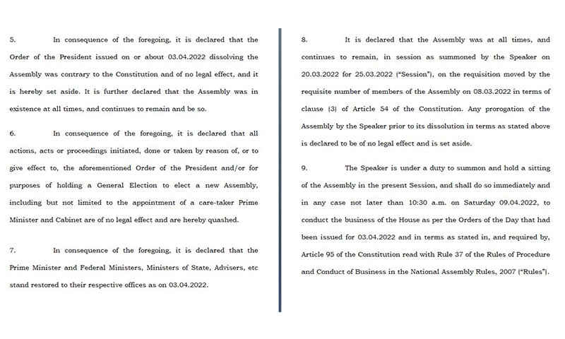 سپریم کورٹ:  ڈپٹی اسپیکر کی رولنگ آئین سے متصادم قرار، تحریک عدم اعتماد برقرار