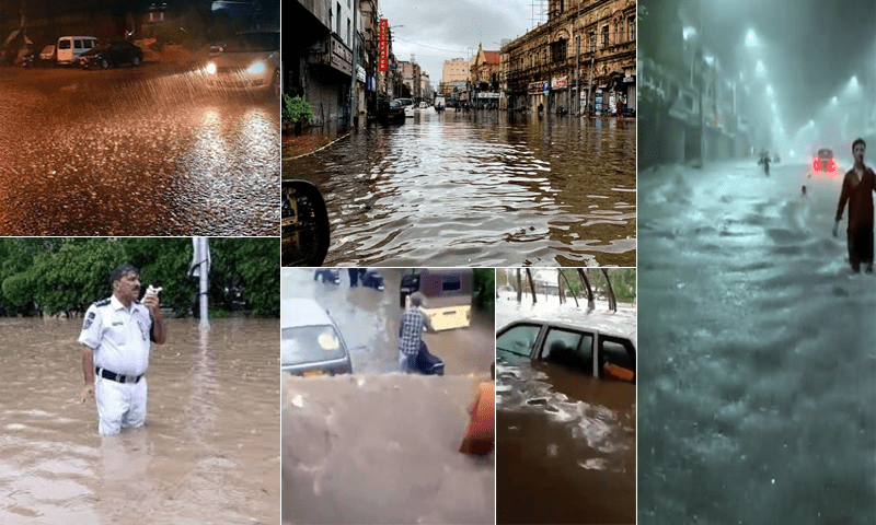 A collage of pictures of rain-related incidents in Karachi. Twitter
