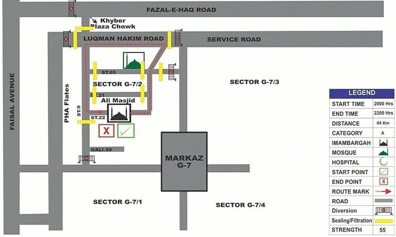 Traffic plan for Muharram 8 processions in Islamabad&rsquo;s Aabpara area. Photo via Twitter/@ICT_Police