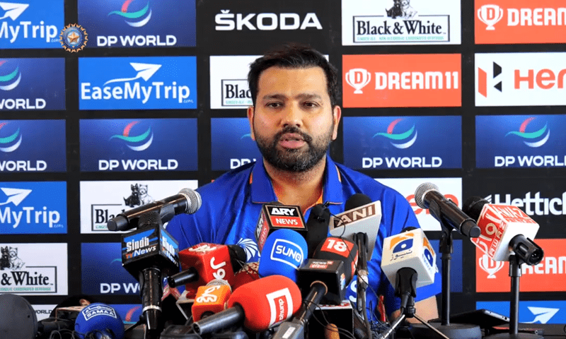 Indian skipper Rohit Sharma addresses a press conference in Dubai, UAE, Saturday. Photo: BCCI Indian skipper Rohit Sharma addresses a press conference in Dubai, UAE, Saturday. Photo: BCCI