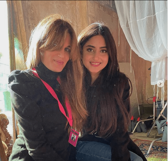 Jemima Khan poses with actress Sajal Ali on the set of their upcoming fil; &ldquo;What&rsquo;s Love Got To Do With It?&rsquo;&rsquo;