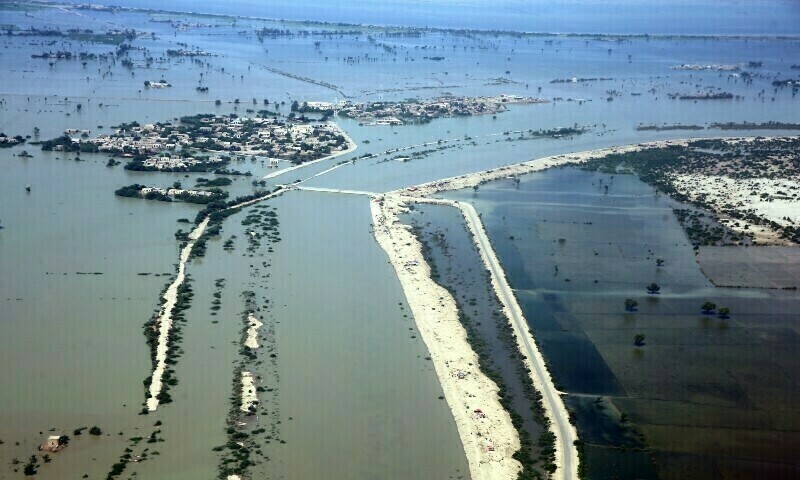 This aerial photograph taken on September 1, 2022 shows a flooded residential area after heavy monsoon rains in Dadu district of Sindh. Photo: AFP