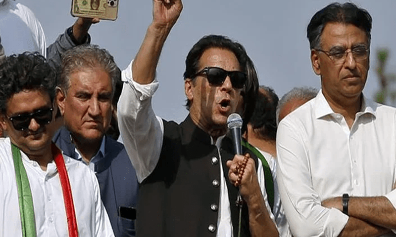 From left to right: Senator Faisal Javed, Shah Mahmood Qureshi, PTI chief Imran Khan and Asad Umar. Screengrab