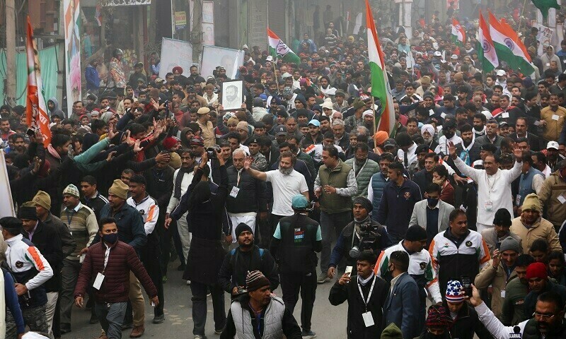 Rahul Gandhi, the leader of India&rsquo;s main opposition Congress party, walks along with his supporters as they take part in the ongoing Bharat Jodo Yatra (Unite India March), in Panipat, India. Photo: Reuters