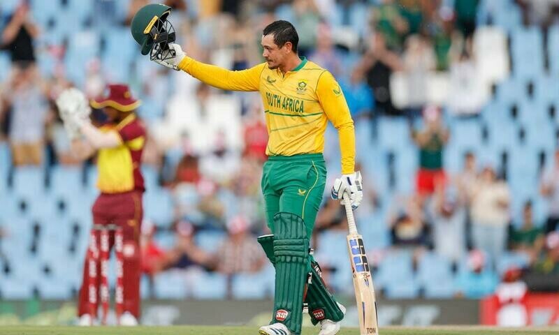 South Africa’s Quinton de Kock celebrates after scoring a century (100 runs) during the second T20 international cricket match between South Africa and West Indies at SuperSport Park in Centurion on March 26, 2023. AFP