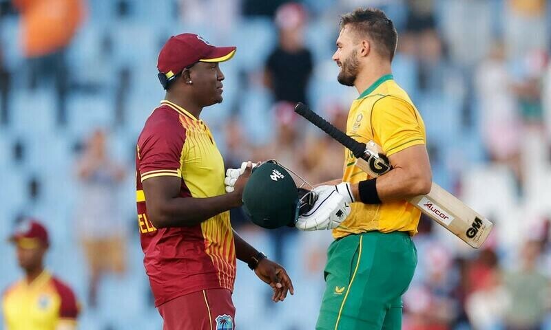 West Indies’ Rovman Powell (L) congratulates South Africa’s Aiden Markram (R) after South Africa won the second T20 international cricket match between South Africa and West Indies at SuperSport Park in Centurion on March 26, 2023. AFP