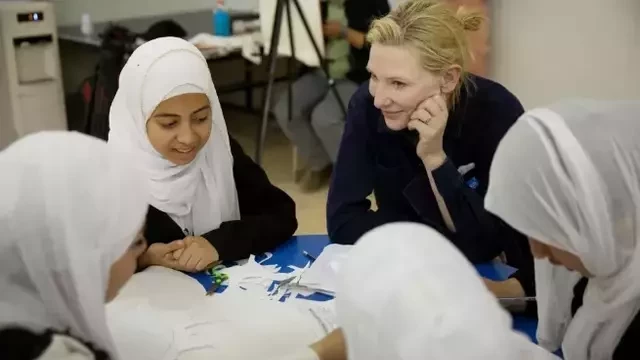 UNHCR Goodwill Ambassador Cate Blanchett visits a TIGER workshop in the community centre in District 2 of Zaatari refugee camp, in Mafraq, Jordan, April 25, 2023. Reuters