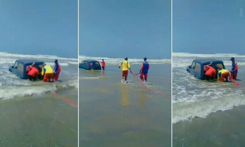 Karachi family drives jeep into the sea where it runs aground