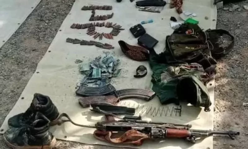 This picture from ISPR shows the weapons and ammunition were also recovered from the site on September 21, 2023. Photo via ISPR