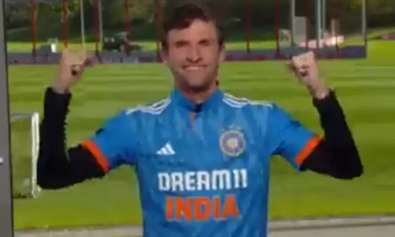 German footballer Thomas Muller gestures after wearing the Indian jersey. Screengrab via X