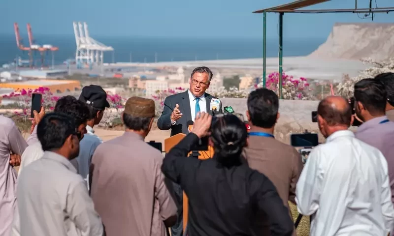 US Ambassador Donald Blome speaks to reporters during his visit to Gwadar, Balochistan on September 12, 2023. Photo via Facebook/US Embassy Pakistan