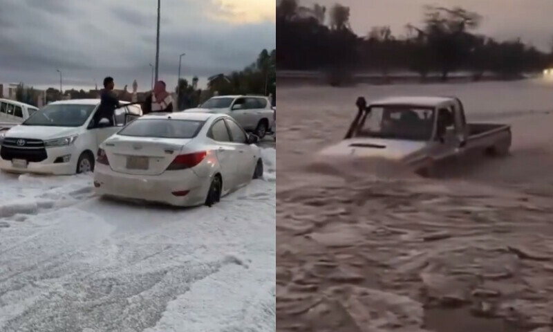 سعودی عرب میں ژالہ باری، درجنوں گاڑیاں برف میں دھنس گئیں