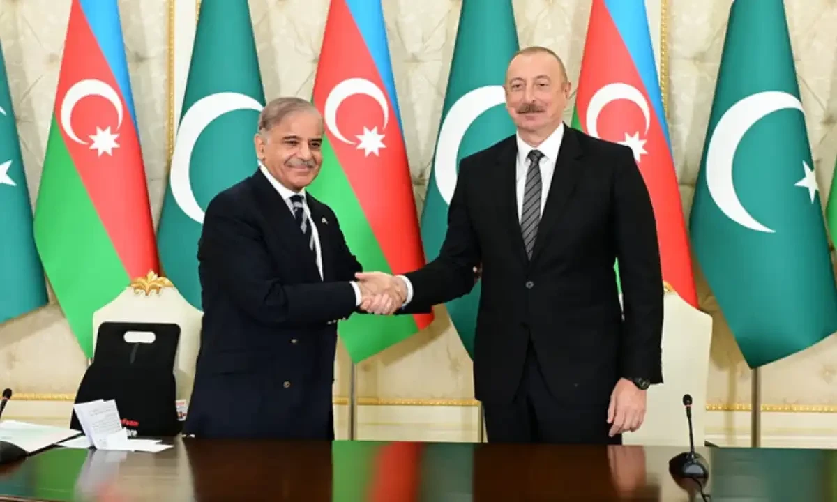 In this file photograph, taken and released by Prime Minister&rsquo;s Office on June 15, 2023, Prime Minister Shehbaz Sharif (left) shakes hands with Azerbaijan President Ilham Aliyev following a joint press conference at Zugulba Palace in Baku. PMO/File