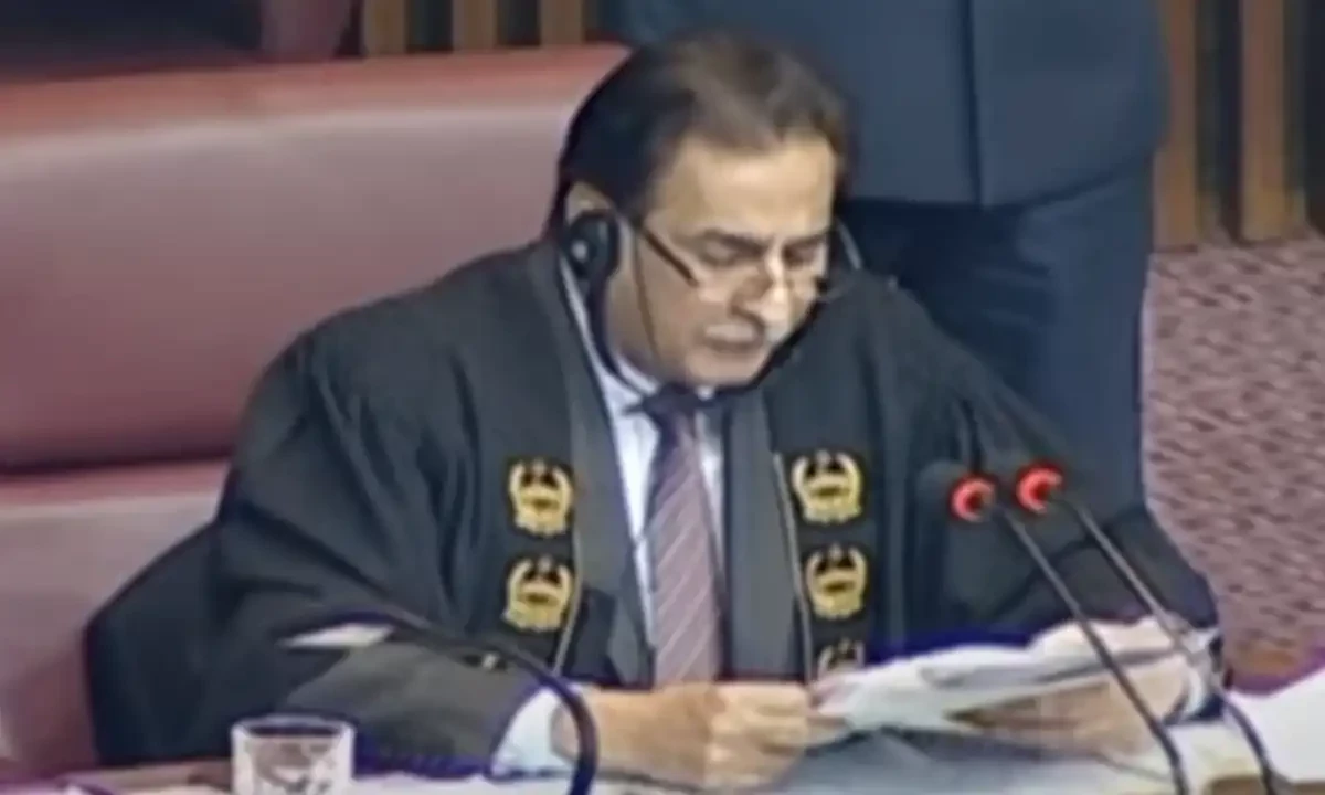 National Assembly Speaker Ayaz Sadiq reads out a document during a session on November 04, 2024. Screengrab via YouTube/PTV News